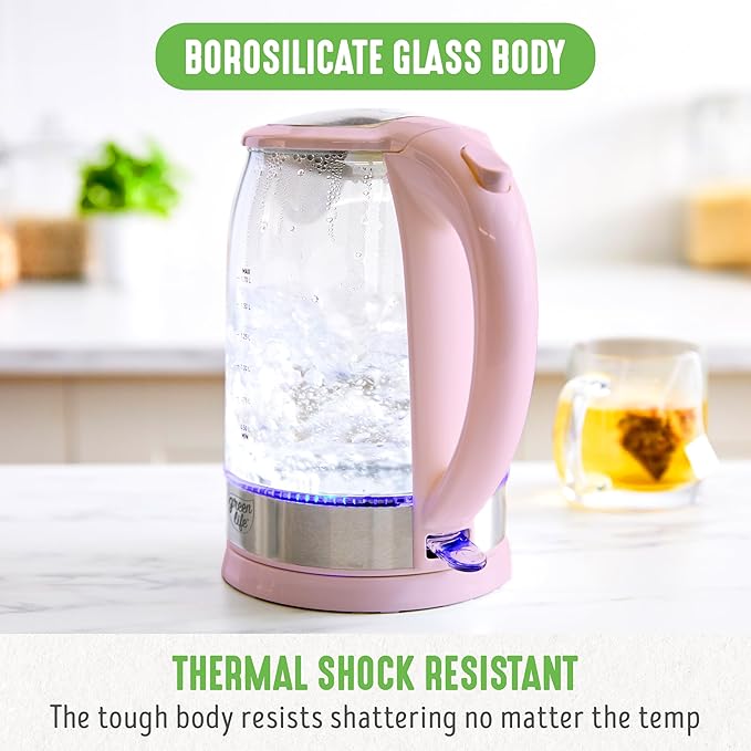 GreenLife 1.7 Liter Glass Electric Kettle, Easy One Touch Use, Quick Heating - Image 5