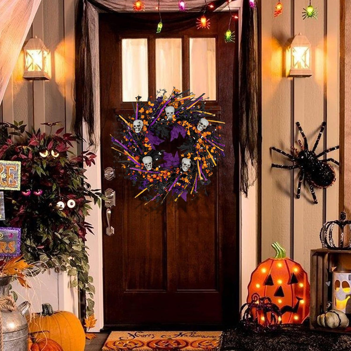 LLZLL Halloween Wreaths for Front Door 22 Inch Halloween Wreath Artificial Sk...