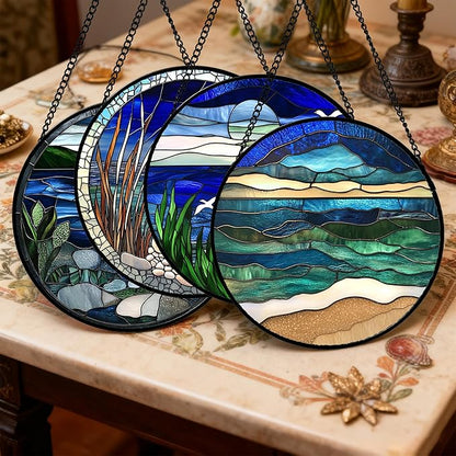 AMDERVEN Stained Glass Window Hanging 4 Pcs Set Navy Blue Ocean Landscape 7.8" - Image 2