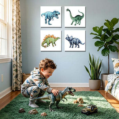 Dinosaur Wall Art for Boys Room Decor - 10" x 10" Set of 4 Dinosaur Canvas Art Watercolor Prints, Retro Nursery Wall Decor for Toddler Bedroom Playroom, Watercolor Dino Pictures Ready to Hang
