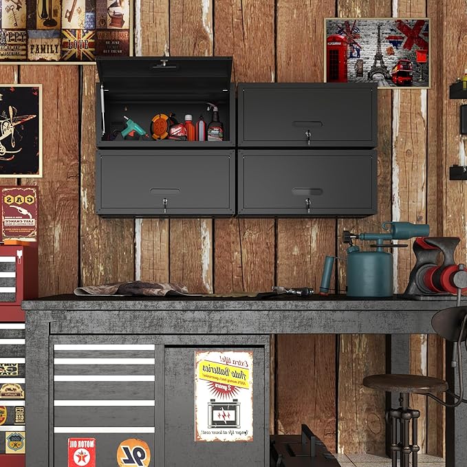 Garage Wall Cabinet with Flip-Up Door, Lockable Metal Storage Cabinet Wall - Image 5