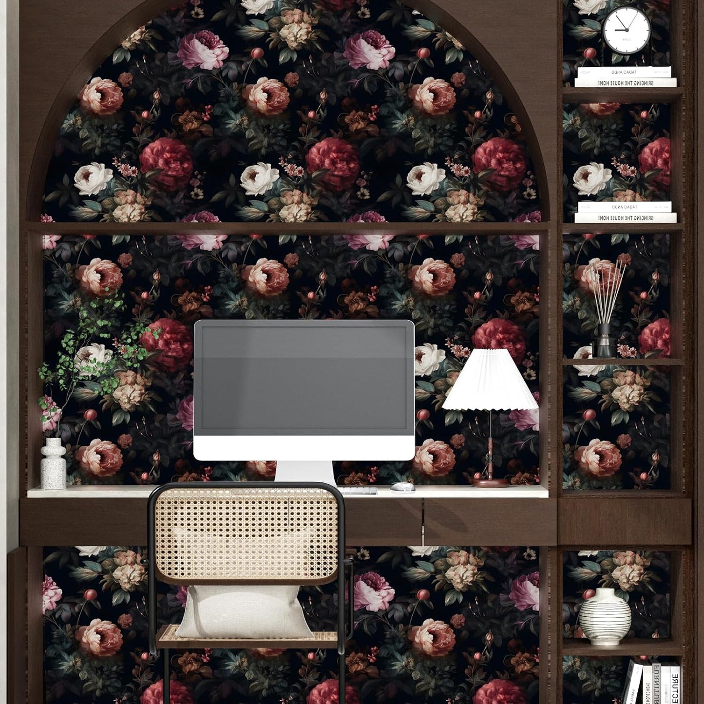 Black Vintage Floral Peel and Stick Wallpaper 17.5" x 118" | Waterproof Vinyl Self Adhesive Removable Renter Friendly Floral Contact Paper