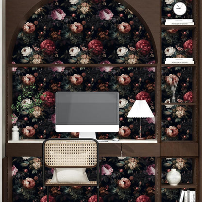 Black Vintage Floral Peel and Stick Wallpaper 17.5" x 118" | Waterproof Vinyl Self Adhesive Removable Renter Friendly Floral Contact Paper