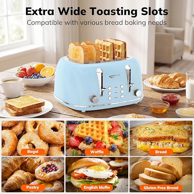 Keenstone Toaster 4 Slice, Retro Stainless Steel Wide Slot Toaster - Image 6