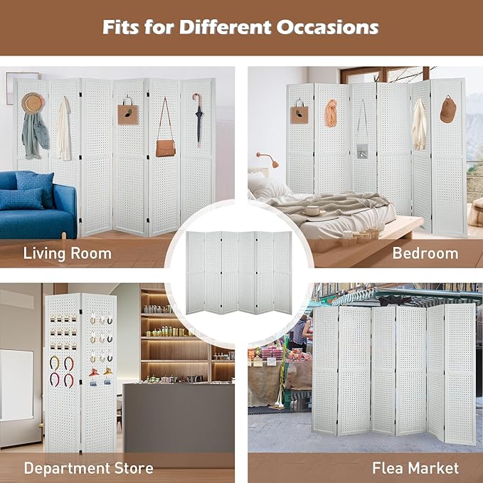 ECOMEX 6 Panel Room Divider, 5.6Ft Pegboard Display Wooden Room Divider Folding - Image 7