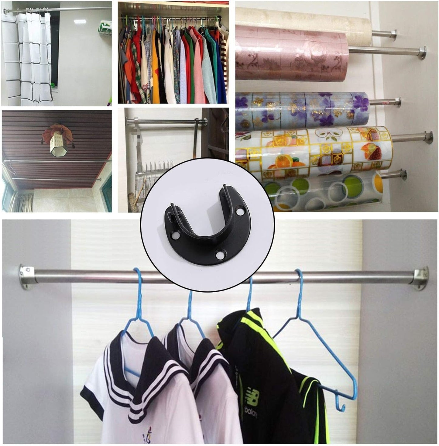 Stainless Steel Closet Rod Bracket 4pcs Heavy Duty Flange Rod Holder 1" & 1-1/4" Diameter Curtain Rod End Supports U-Shaped Wardrobe Rod Bracket Black White with Screws