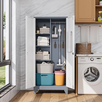 Metal Storage Cabinet with Locking Doors, Broom Closet/Freestanding Bathroom - Image 2