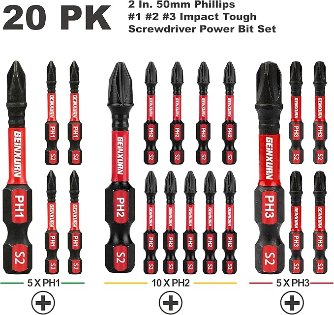 Anti-Slip Hex PH1/PH2/PH3 Insert Driver Bits 20 Pack 2 in. Impact Tough - Image 2