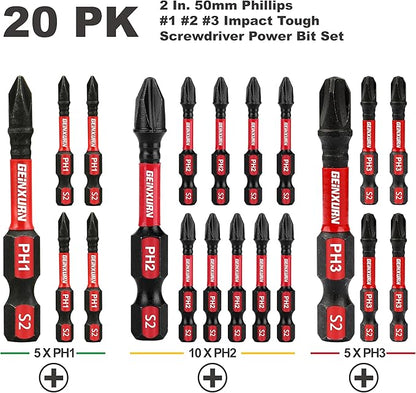 Anti-Slip Hex PH1/PH2/PH3 Insert Driver Bits 20 Pack 2 in. Impact Tough - Image 2