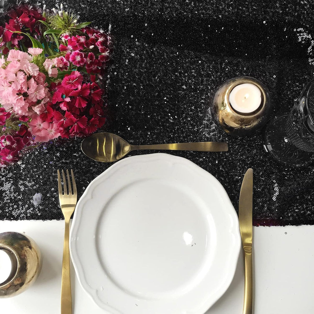 Sequin Table Runner, Black, 12x108 inch, 10 Pack for Halloween