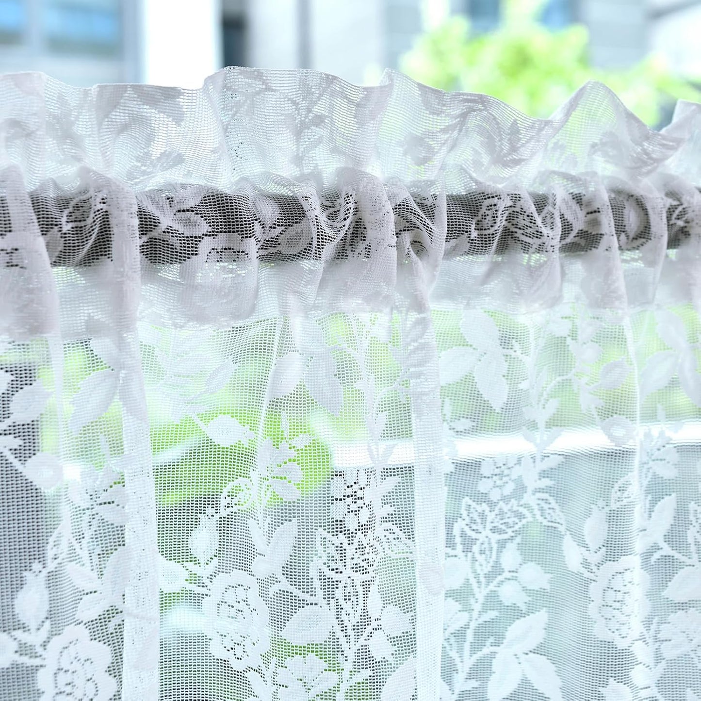 FINECITY White Lace Valance for Kitchen Window W52 x L18 Inch 1 Panel | Rod Pocket, Open Knit Layers, Daylight Eased, Fresh Look Adds Country Charm, Short Valance Keeps Glass Open, Privacy