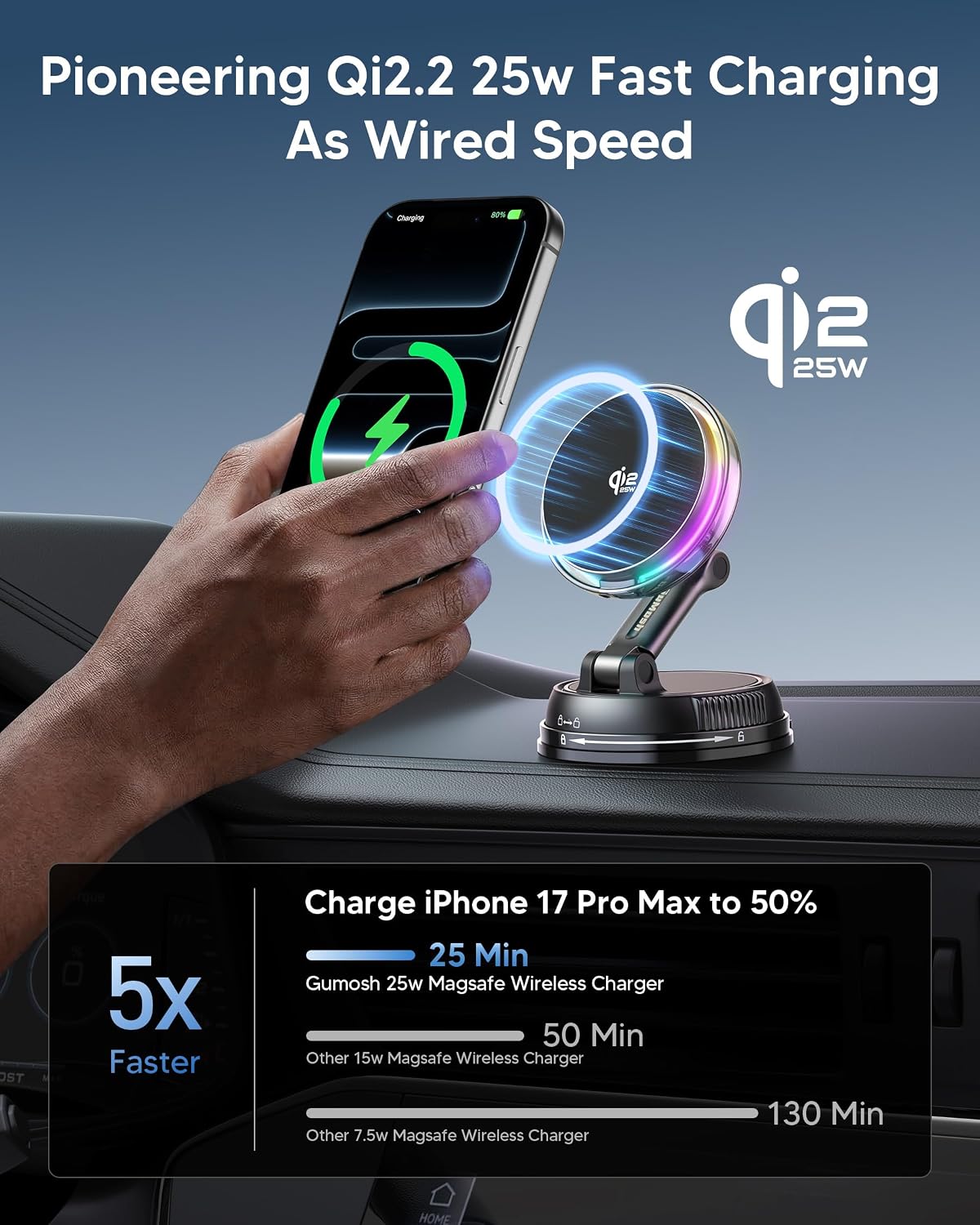 Qi2.2 25W Magnetic Car Charger with Cool Fan, 78+LBS Vacuum Suction