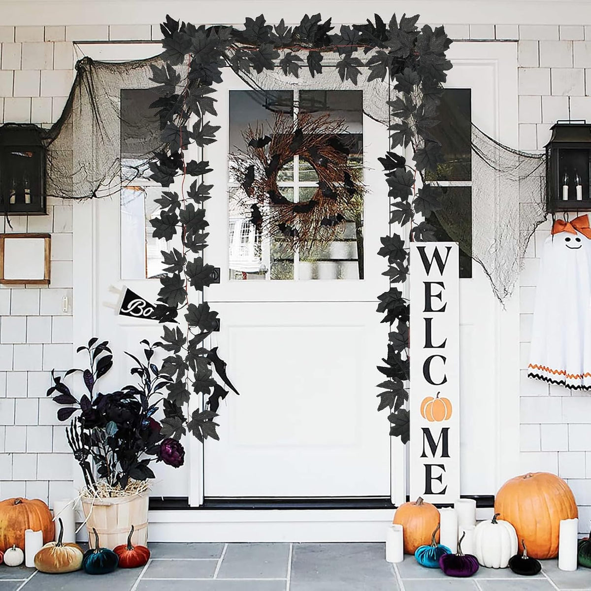 Obbsie 8 Pack 7.8Ft Black Maple Leaf Garland, Halloween Fall Decor