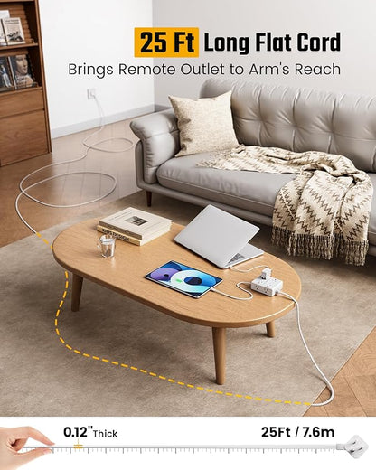 25Ft Long Extension Cord, Flat Plug Power Strip - Image 2