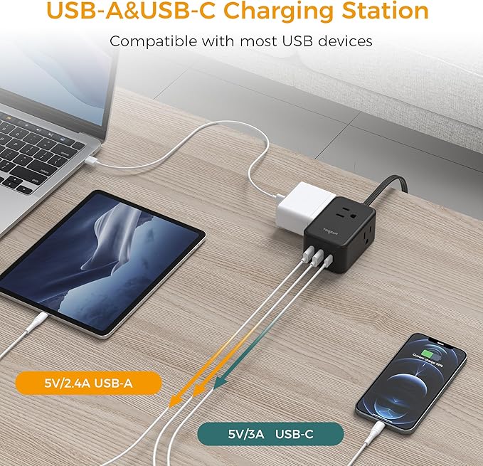 Flat Black Extension Cord, TESSAN Ultra Thin Power Strip - Image 4