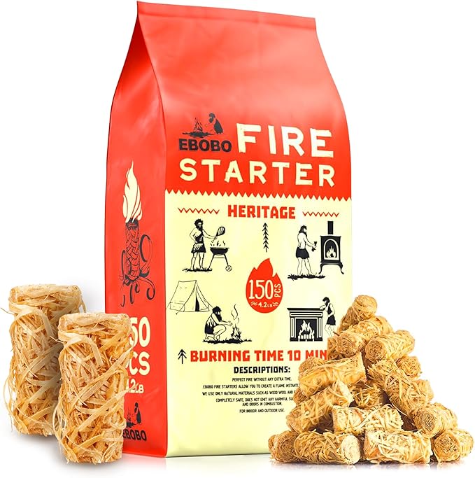 150 pcs Natural Fire Starters for Fireplace, Wood Stove, Charcoal Grill by Ebobo