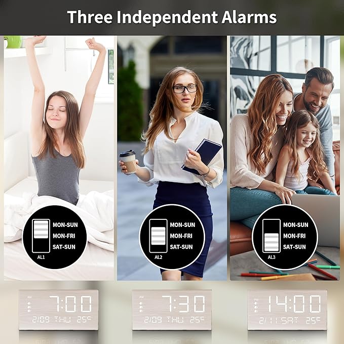 JALL Digital Alarm Clock, with Wooden Electronic LED Time Display, 3 Alarm - Image 4