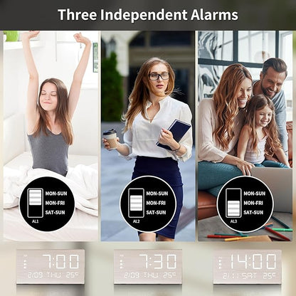 JALL Digital Alarm Clock, with Wooden Electronic LED Time Display, 3 Alarm - Image 4
