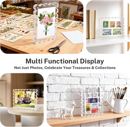 HOUSE DAY Acrylic Picture Frames 5x7 Acrylic Frame, 3 Pack Scalloped Magnetic 5x7 Picture Frame, Double Sided Clear 5 x 7 Photo Frame, Frameless FreeStanding 5 x 7 Picture Frames Gift for Desktop Display