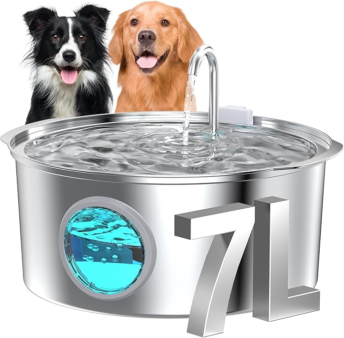 Dog Water Fountain for Large Dogs: 7L/236oz/1.8G Dog Fountain Stainless Steel by GROOKPET