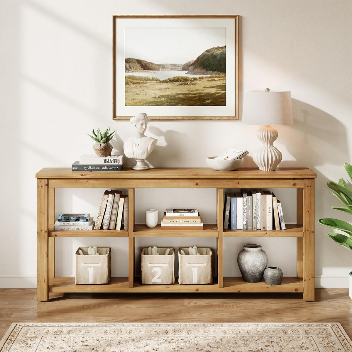 Solid Wood Horizontal Bookcase with Adjustable Shelves, 6 Cubes Storage Organ...