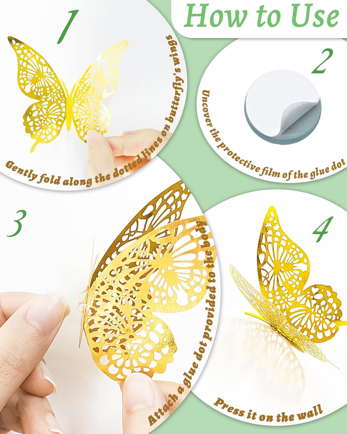 72Pcs 3D Butterfly Wall Decor, Gold Butterfly Fathers Day Decorations, 4 Styles 3 Sizes Removable Butterflies Room Decor Butterflies Wall Stickers for Birthday Party Tea Cake Flower Decorations