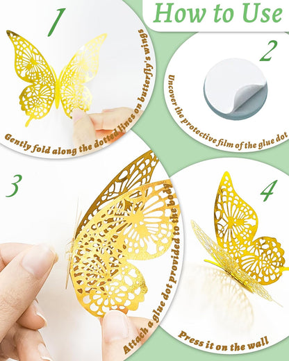 72Pcs 3D Butterfly Wall Decor, Gold Butterfly Fathers Day Decorations, 4 Styles 3 Sizes Removable Butterflies Room Decor Butterflies Wall Stickers for Birthday Party Tea Cake Flower Decorations