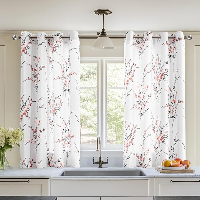 MYSKY HOME Kitchen Curtains 45 inch Length Floral Curtains Thermal Insulated by MYSKYHOME