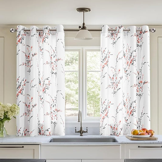 MYSKY HOME Kitchen Curtains 45 inch Length Floral Curtains Thermal Insulated by MYSKYHOME