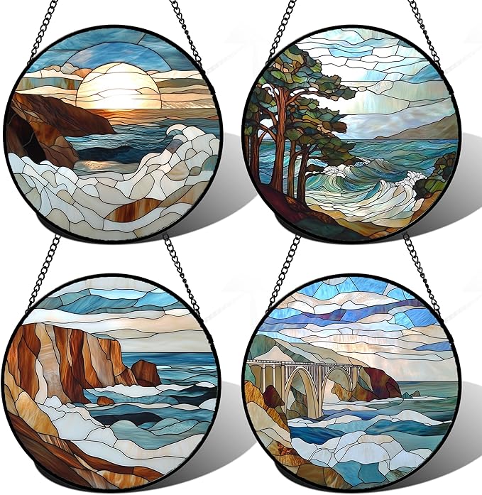 DASTOLL Stained Glass Window Hanging 4 Pcs Set Ocean Waves Large 15" by DASTOLL