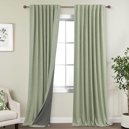 KOUFALL Extra Long 108 Inch Curtains Linen Blackout, Sage Green Thermal Heat by KOUFALL