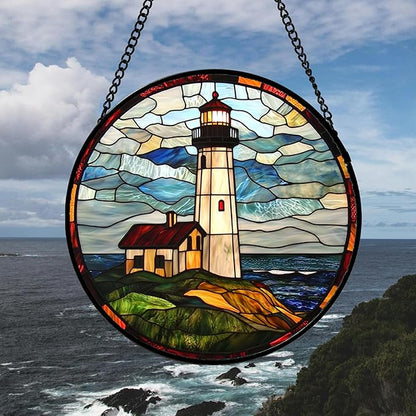 DASTOLL Stained Glass Window Hanging, Ocean Lighthouse Sun Catchers Glass Panel - Image 4