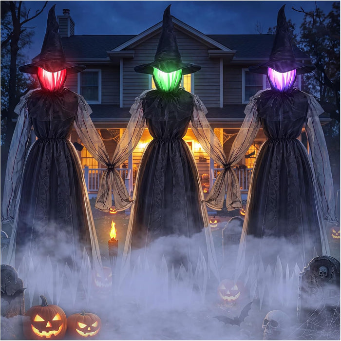 3 Pack Halloween Decorations Outdoor, 4.9FT Scary Witches Design, with Color Changing Glowing Face/Terrifying Sounds, Halloween Decor, for Lawn Garden Party