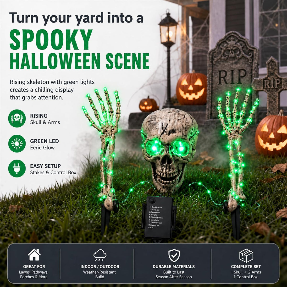 Halloween Skeleton Decorations Outdoor, 3-Piece Green LED Yard Stakes, Skull ...