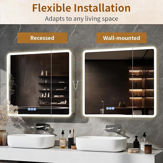 BEAUTYPEAK 36 x 32 LED Bathroom Medicine Cabinet Mirror, Adjustable Shelves - Image 7
