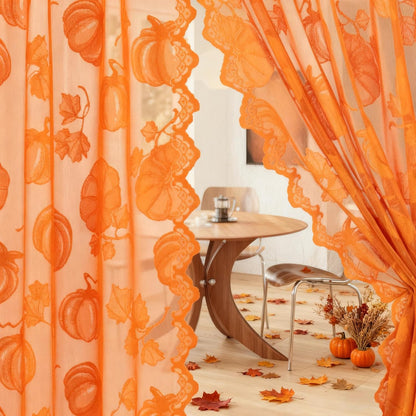 Fall Lace Curtains 84 Inches Long for Living Room Thanksgiving | Holiday Decoration Burnt Orange Sheer, Weave Harvest Pumpkin Design, Rod Pocket, Country Rustic, 54 x 84 Inch 2 Panels