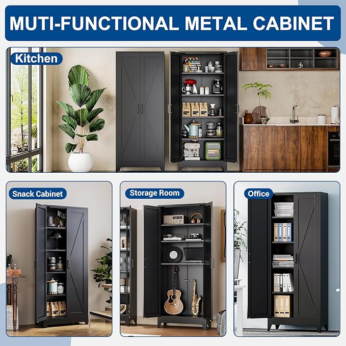 Black Tall Farmhouse Metal Pantry Linen Storage Cabinet and Organizers - Image 7