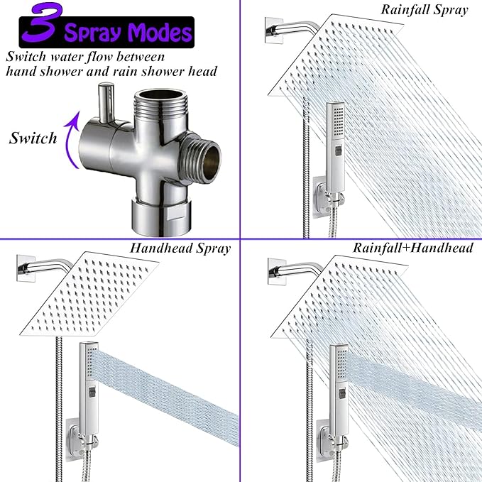 8"High Pressure Square Rain Shower Head and 2-in-1 Hand Shower.Equipped - Image 6