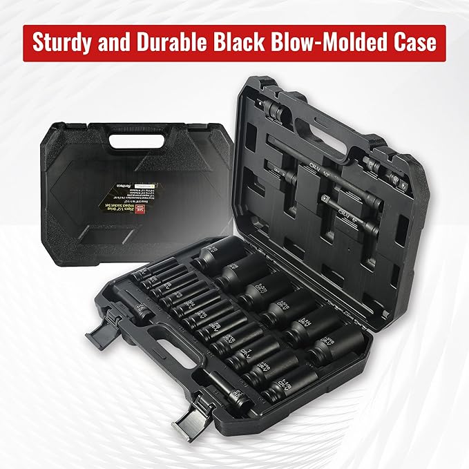 25-Piece 1/2" Drive Socket Set, Deep Sockets, Extension Bars, 1/2" F to 3/8" M - Image 6