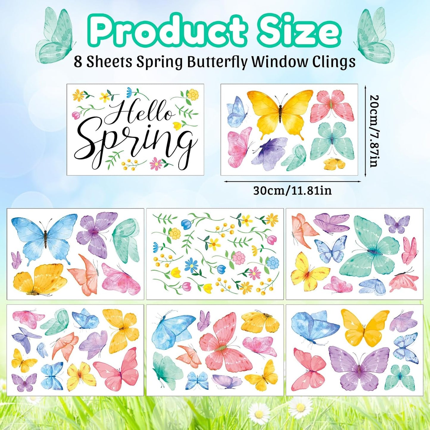 8 Sheets Spring Window Clings Stickers Butterfly Floral Window Decals | Holiday Party Home Office Shop Glass Display Decoration
