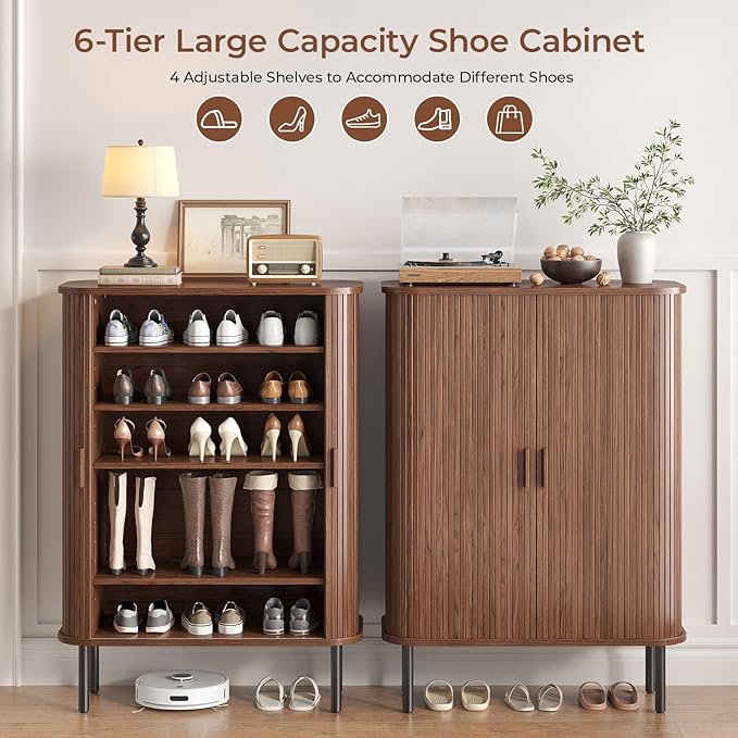 Shoe Storage Cabinet with Adjustable Shelves, 6-Tier Mid-Century Modern Shoe - Image 3