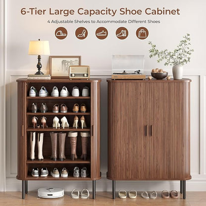 Shoe Storage Cabinet with Adjustable Shelves, 6-Tier Mid-Century Modern Shoe - Image 3