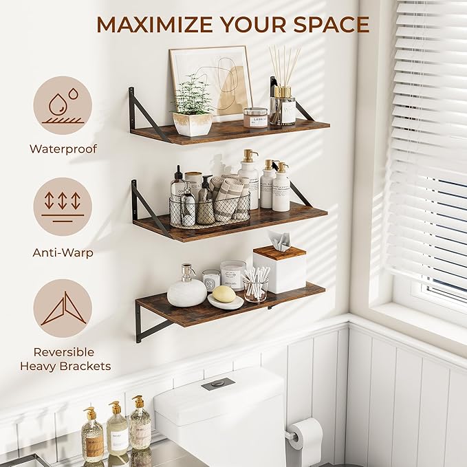 24"W x 12"D Wall Shelves for Books, 12 Inch Deep Floating Shelves Set of 3 - Image 4