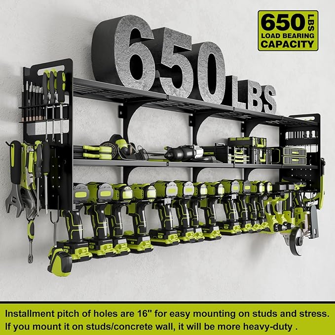 64" Power Tool Organizer Wall Mount, 16 Slots, 3-Tier Drill & Cordless Tool - Image 6