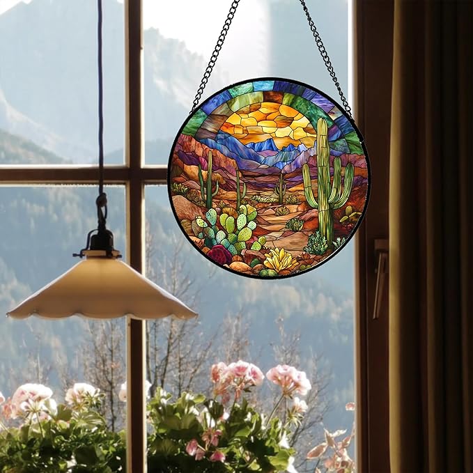 CRISGIF Stained Glass Window Hanging Cactus Mountains Landscape 6.3" - Image 3