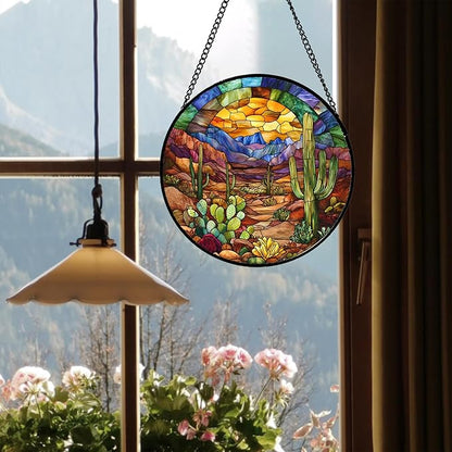 CRISGIF Stained Glass Window Hanging Cactus Mountains Landscape Large 11.8" - Image 3