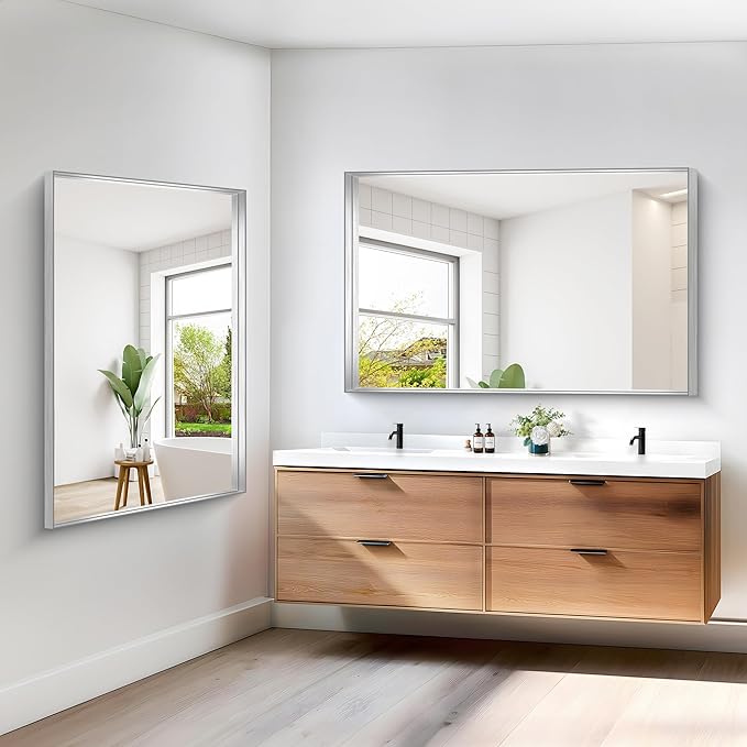 Silver Bathroom Mirror, 36x55 Inch Rectangular Deep Frame Mirror, Large Wall - Image 8
