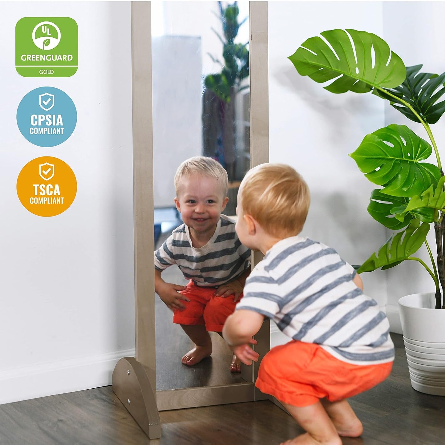 ECR4Kids Double-Sided Wooden Bi-Directional Mirror, Montessori, Grey Wash | Durable birch, GREENGUARD Gold Certified, shatter-resistant mirror, anti-tip feet, vertical & horizontal use, classroom/home