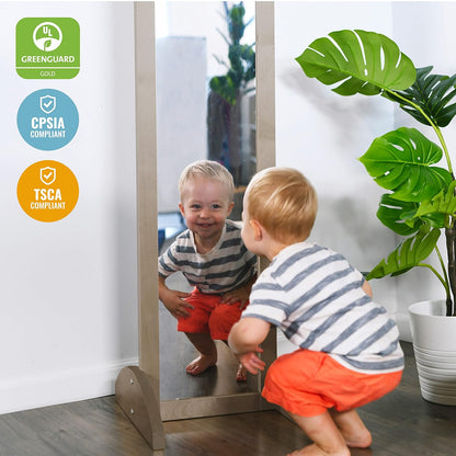 ECR4Kids Double-Sided Wooden Bi-Directional Mirror, Montessori, Grey Wash | Durable birch, GREENGUARD Gold Certified, shatter-resistant mirror, anti-tip feet, vertical & horizontal use, classroom/home