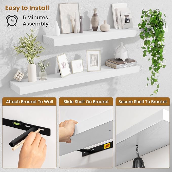 Fun Memories 40 Inch Floating Shelves, Long Wood Wall Shelf Set of 2 - Image 5